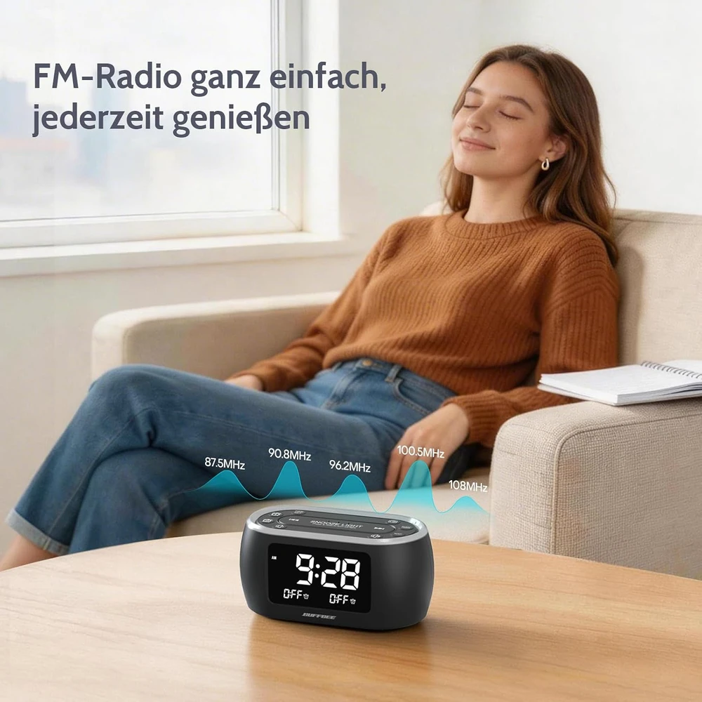 BUFFBEE skaitmeninis žadintuvas su FM radiju ir 7 spalvų naktine lempute HRS-Juodas