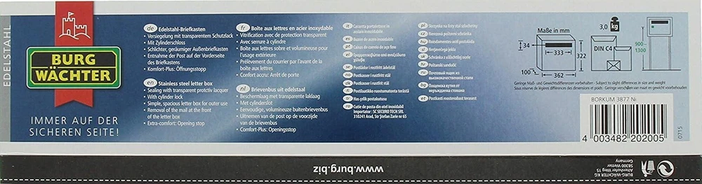 BURG-WÄCHTER pašto dėžutė Borkum 3877 Ni iš nerūdijančiojo plieno, DIN C4