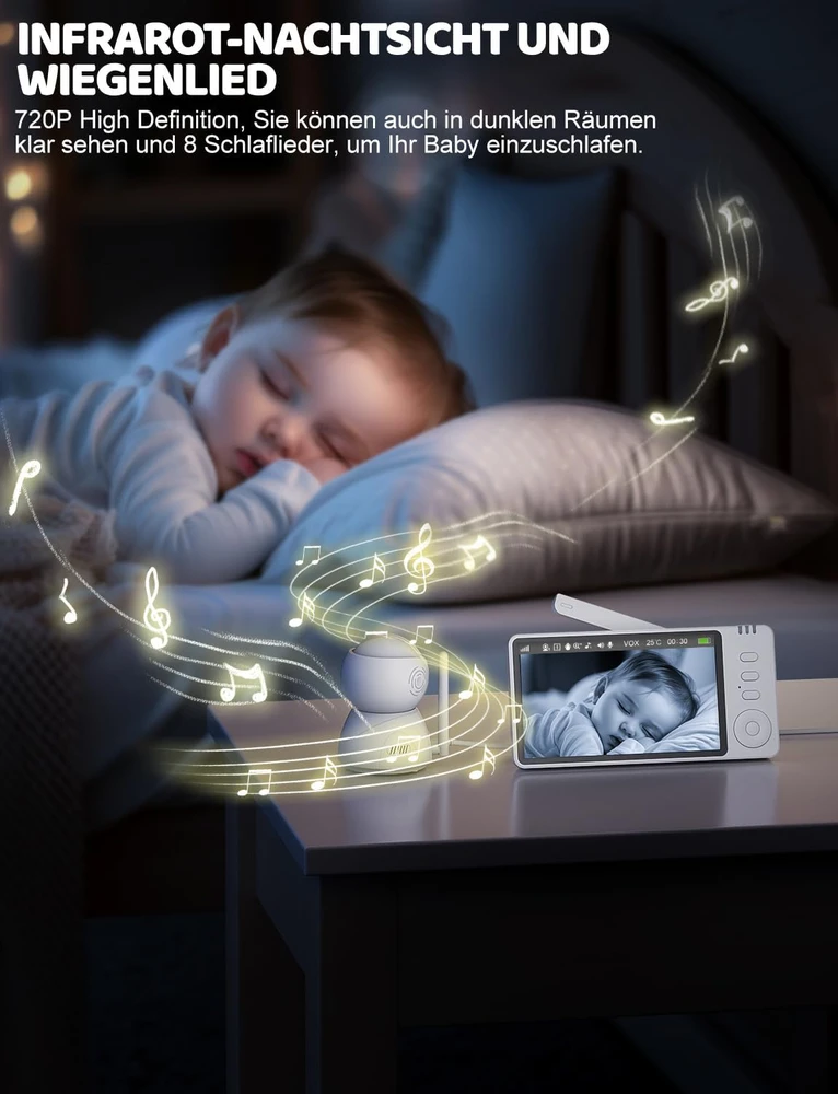BURNNOVE elektroninė vaizdo kūdikių auklė su dvikrypte garso komunikacija, temperatūros jutikliu, VOX, 5" LCD ekranu, modelis 570