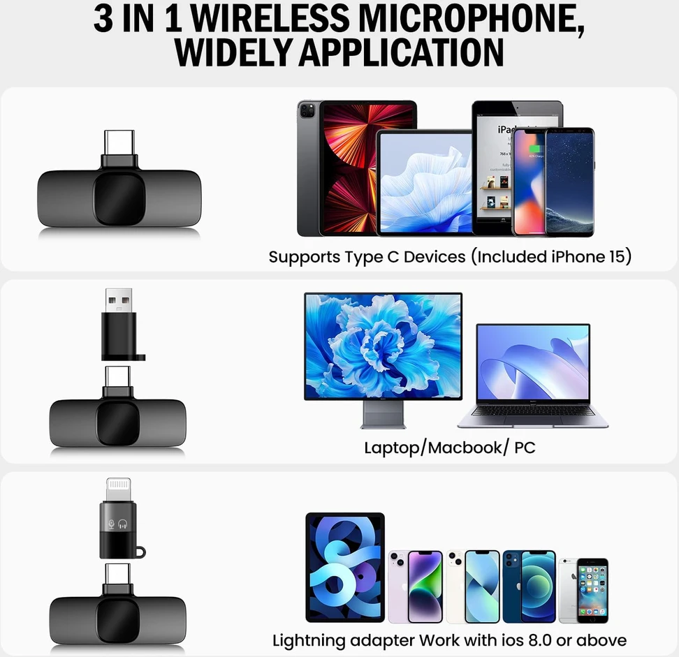 BYbrutek belaidis atlapinis mikrofonas 2,4 GHz su USB-C, Lightning ir USB-A adapteriais L3