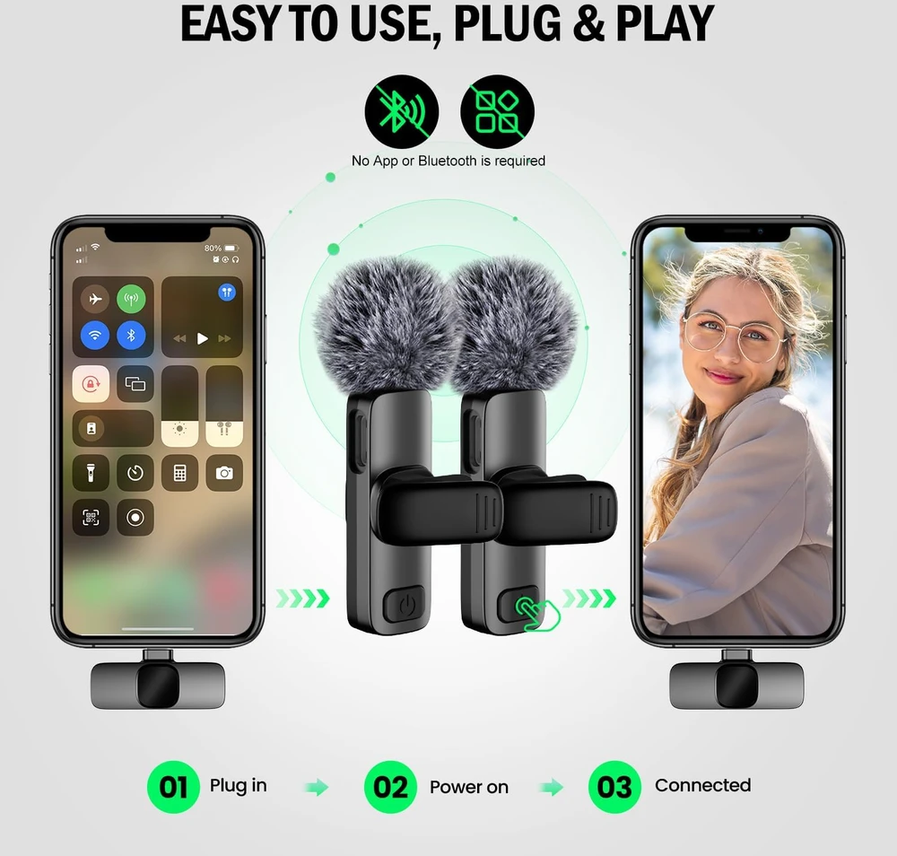 BYbrutek belaidžių atlapinių mikrofonų rinkinys su USB-C ir Lightning, 2,4 GHz, K5-Type C