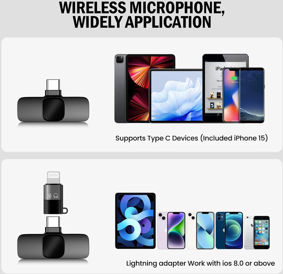 BYbrutek belaidžių atlapinių mikrofonų rinkinys su USB-C ir Lightning, 2,4 GHz, K5-Type C