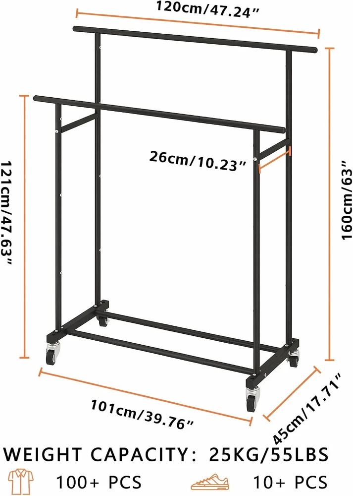 Calmootey metalinis dvigubas mobilus drabužių stovas su lentyna ir ratukais, 101x45x121 cm, juodas