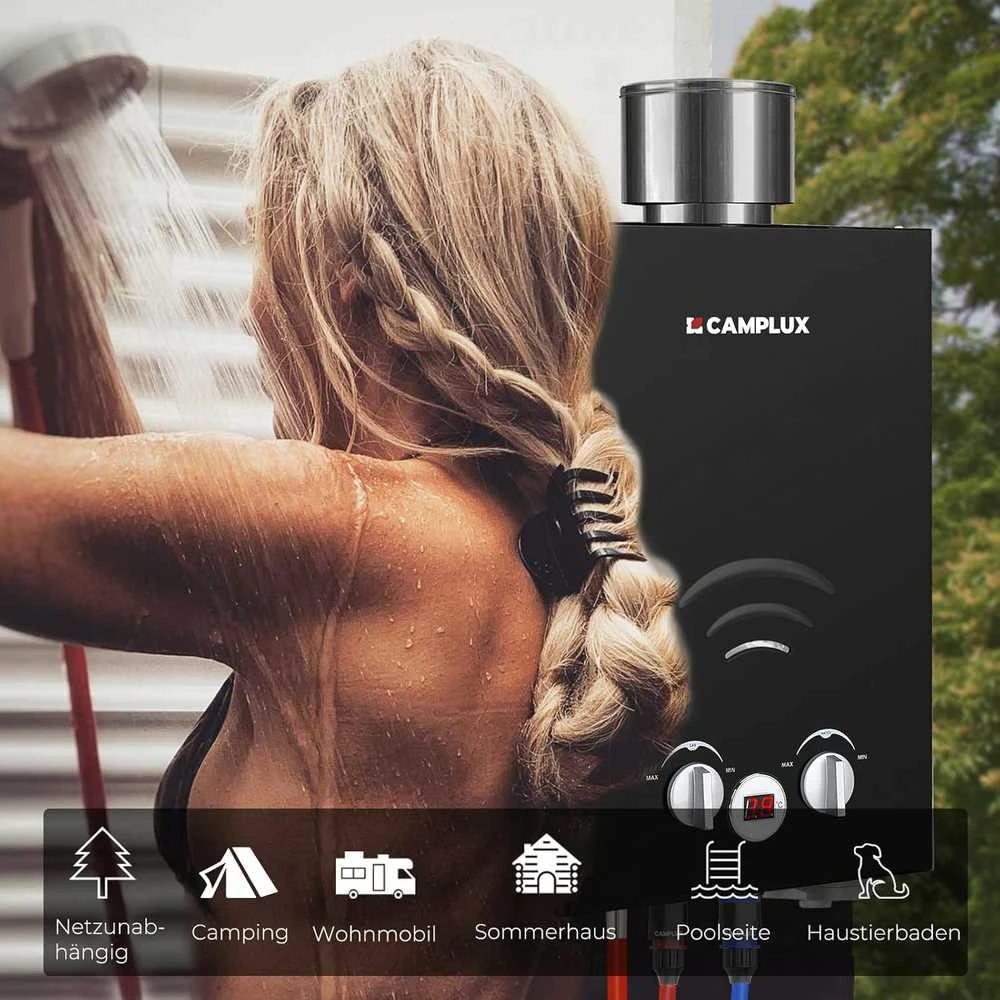 Camplux dujinis vandens šildytuvas, 6 l/min, 12 kW, butano/propono, juodas, BW158BC-DE