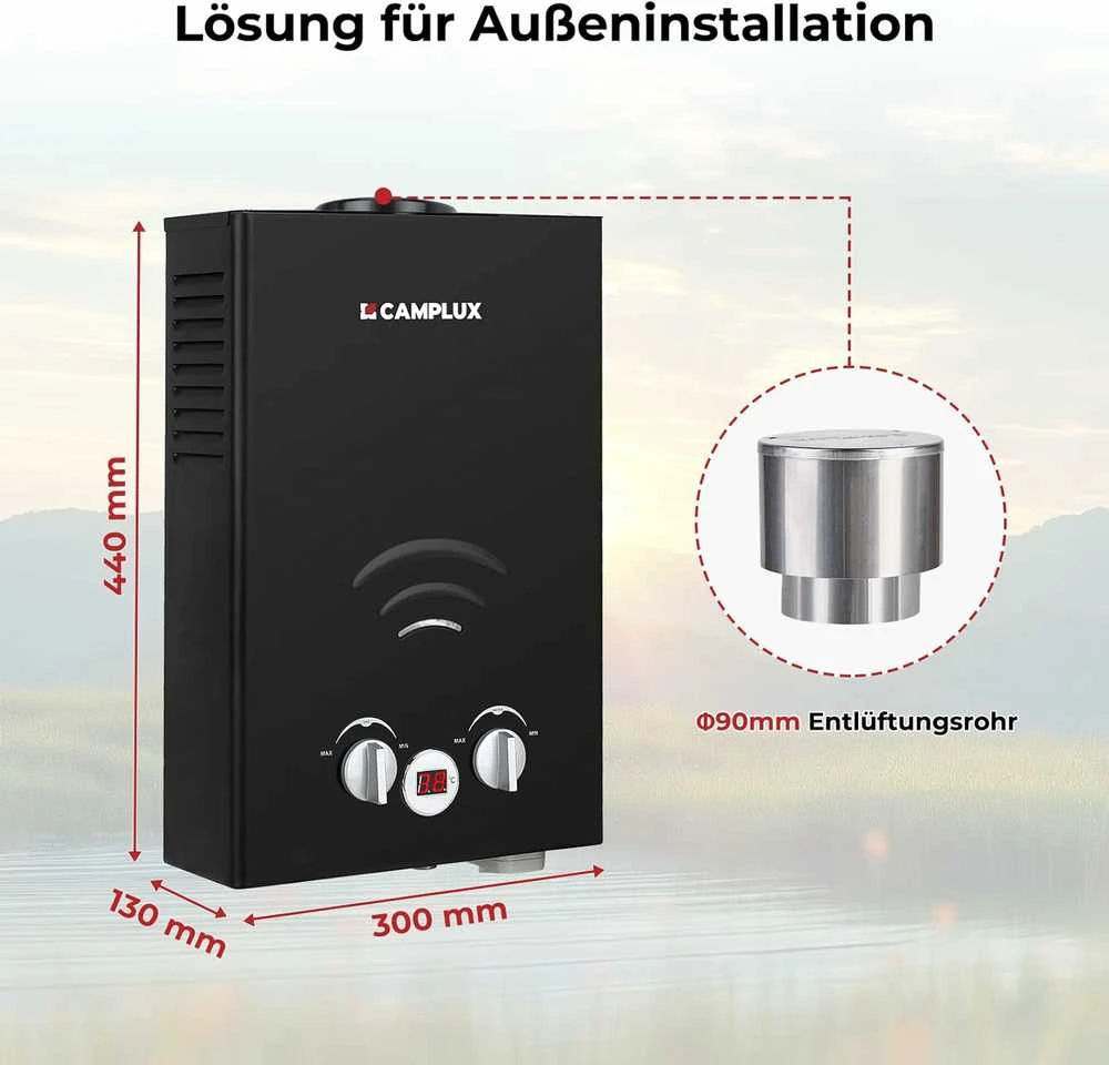 Camplux dujinis vandens šildytuvas, 6 l/min, 12 kW, butano/propono, juodas, BW158BC-DE