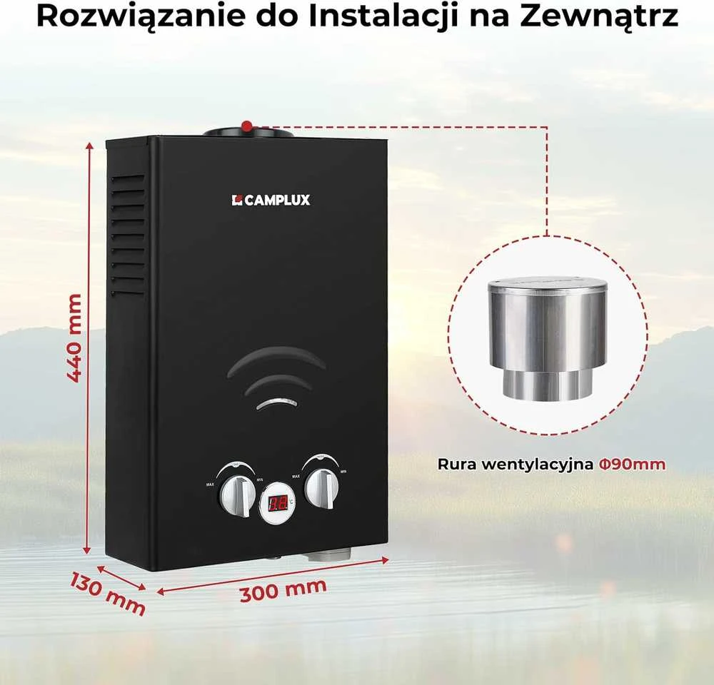 Camplux dujinis vandens šildytuvas 6 l/min, 12 kW, su apsauga nuo lietaus, juodas, BW158BC