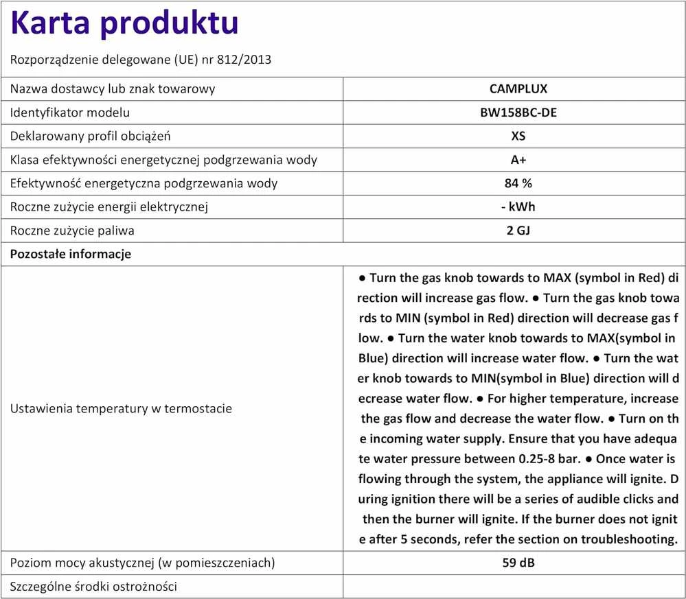 Camplux dujinis vandens šildytuvas, 6 l/min, 12 kW, butano/propono, juodas, BW158BC-DE