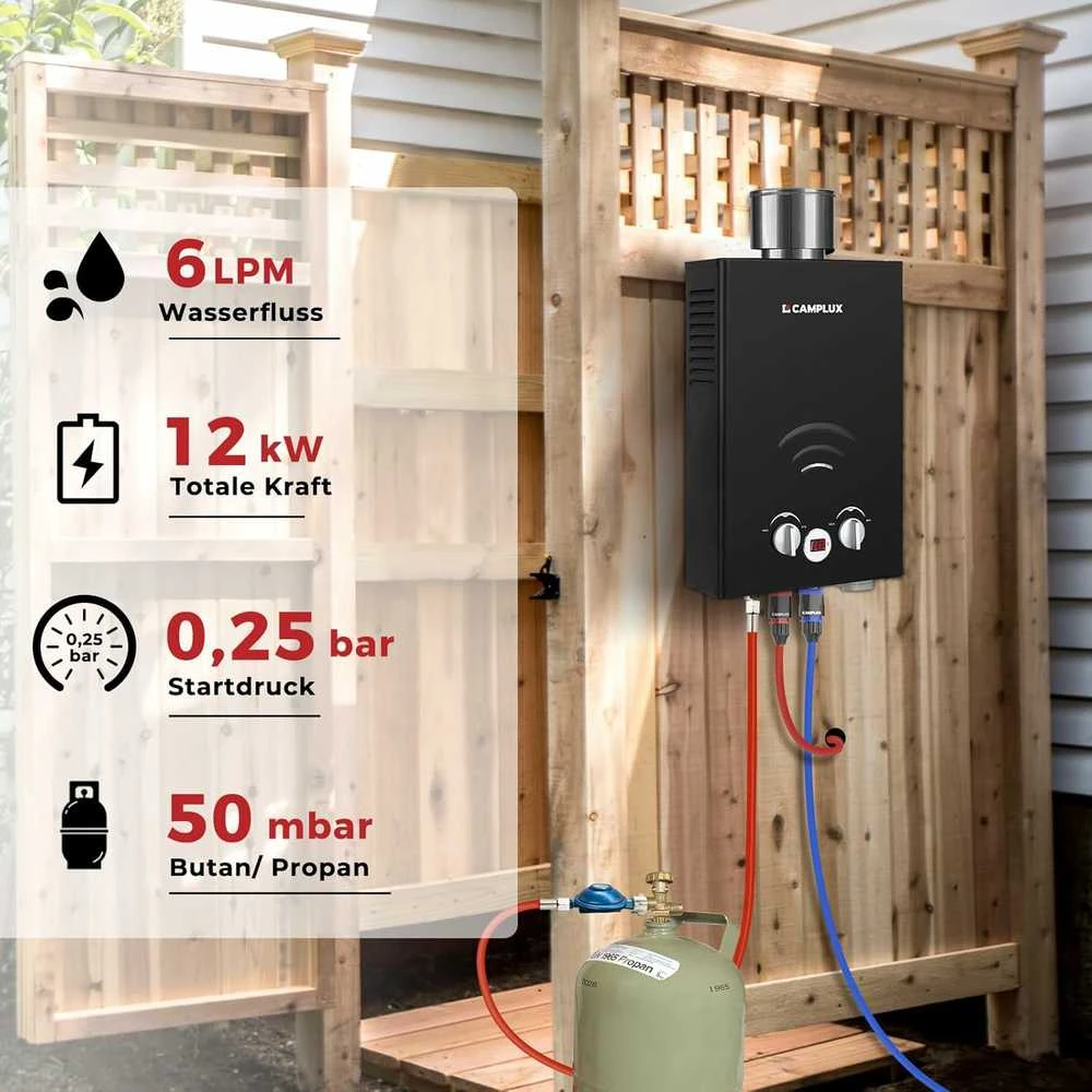 Camplux dujinis vandens šildytuvas, 6 l/min, 12 kW, butano/propono, juodas, BW158BC-DE