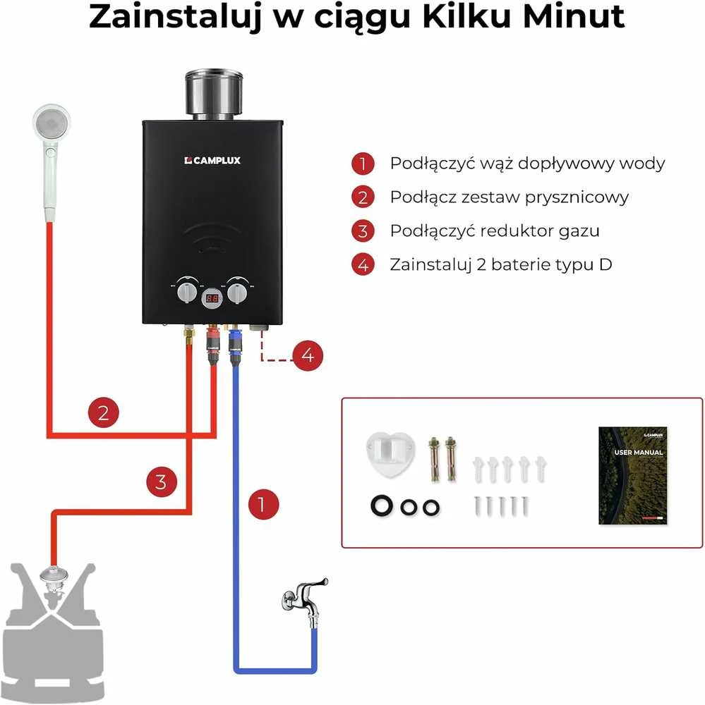 Camplux dujinis vandens šildytuvas 6 l/min, 12 kW, su apsauga nuo lietaus, juodas, BW158BC