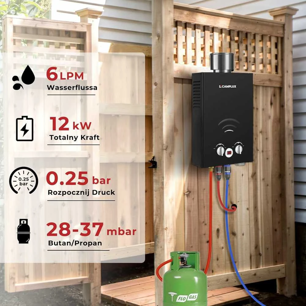 Camplux dujinis vandens šildytuvas 6 l/min, 12 kW, su apsauga nuo lietaus, juodas, BW158BC