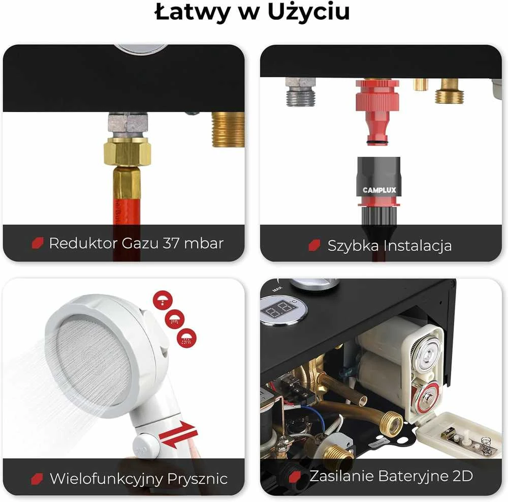 Camplux dujinis vandens šildytuvas 6 l/min, 12 kW, su apsauga nuo lietaus, juodas, BW158BC