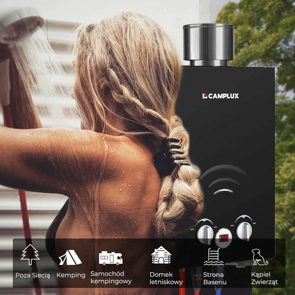 Camplux dujinis vandens šildytuvas 6 l/min, 12 kW, su apsauga nuo lietaus, juodas, BW158BC