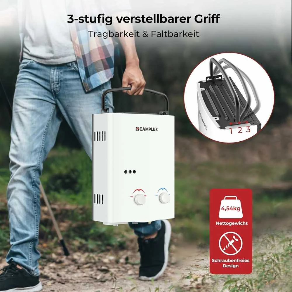 Camplux nešiojamas dujinis vandens šildytuvas 5 litrų, 10 kW, 50 mbar, su sulankstoma rankena AY132-DE