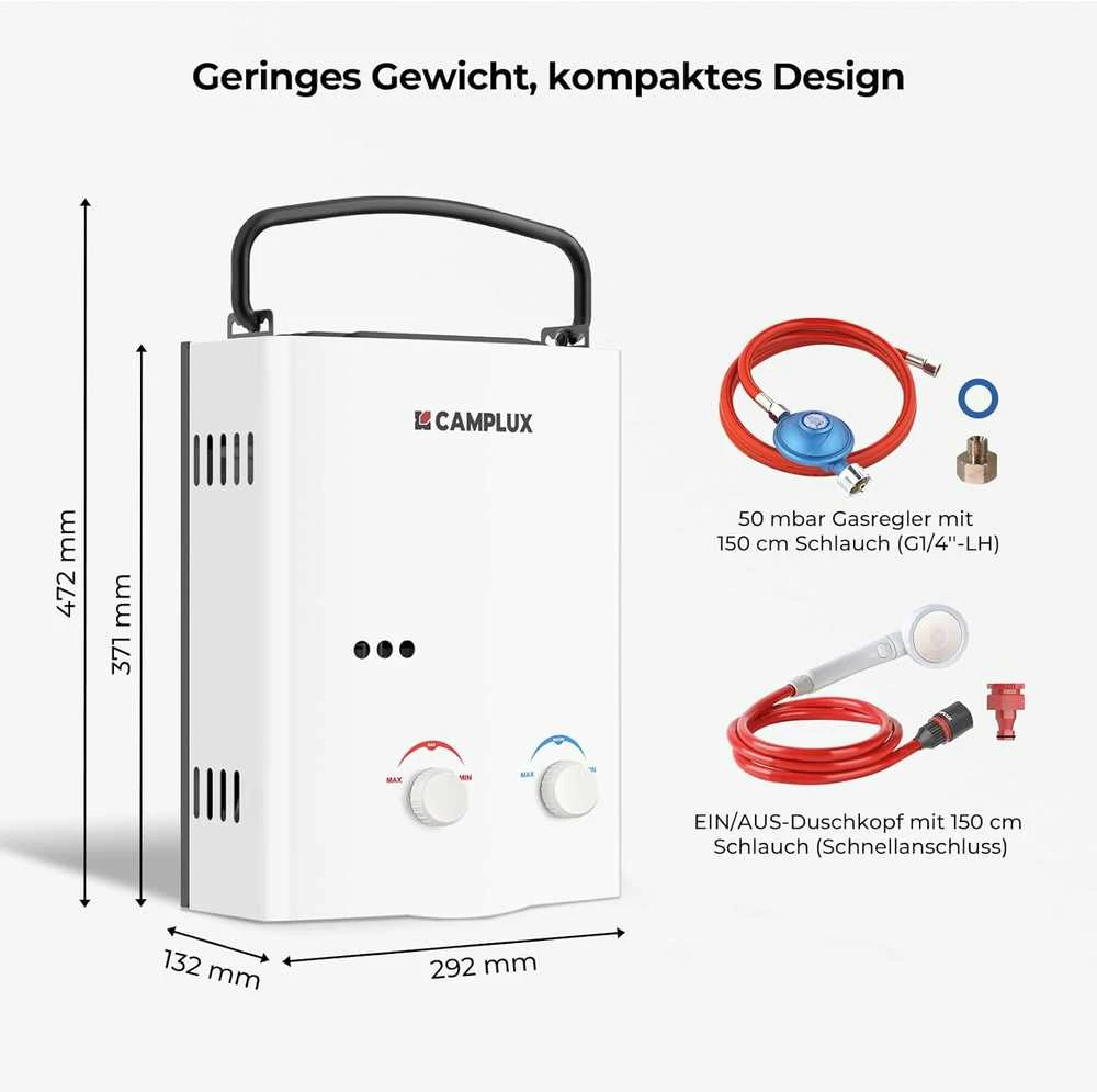 Camplux nešiojamas dujinis vandens šildytuvas 5 litrų, 10 kW, 50 mbar, su sulankstoma rankena AY132-DE