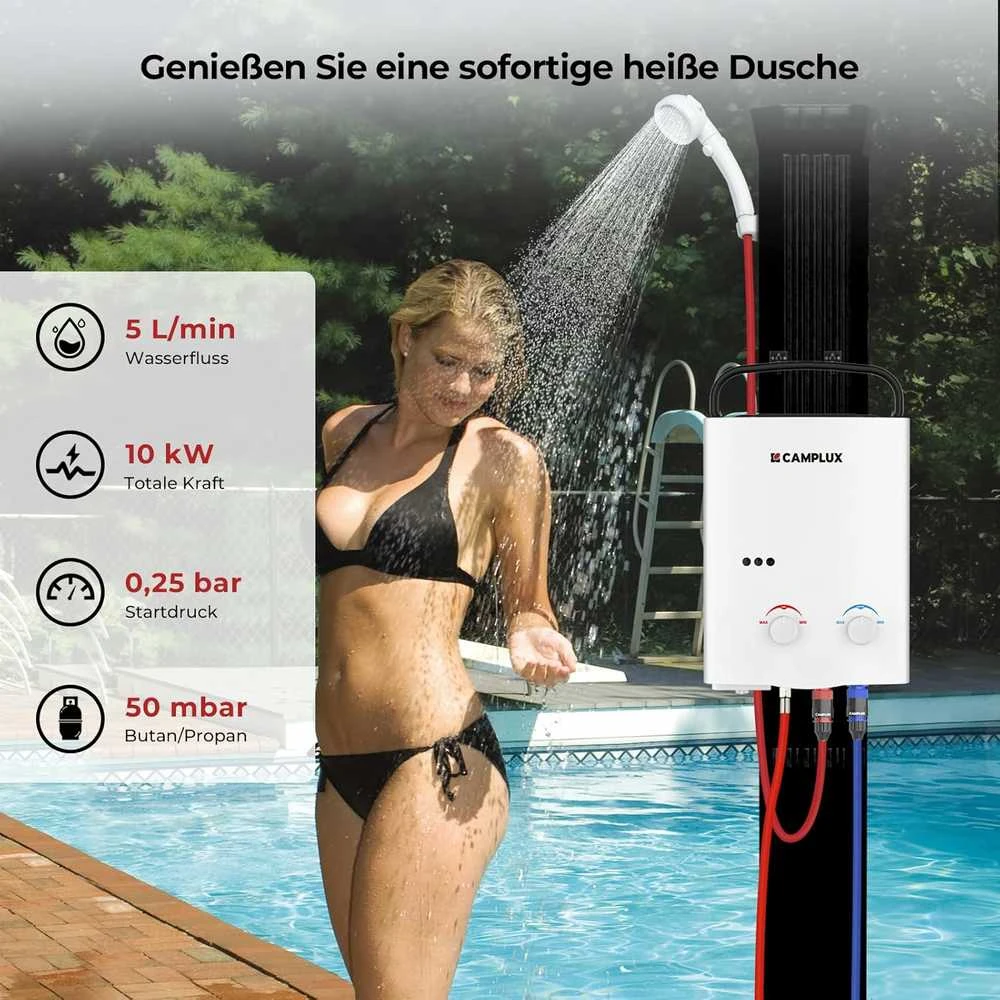 Camplux nešiojamas dujinis vandens šildytuvas 5 litrų, 10 kW, 50 mbar, su sulankstoma rankena AY132-DE