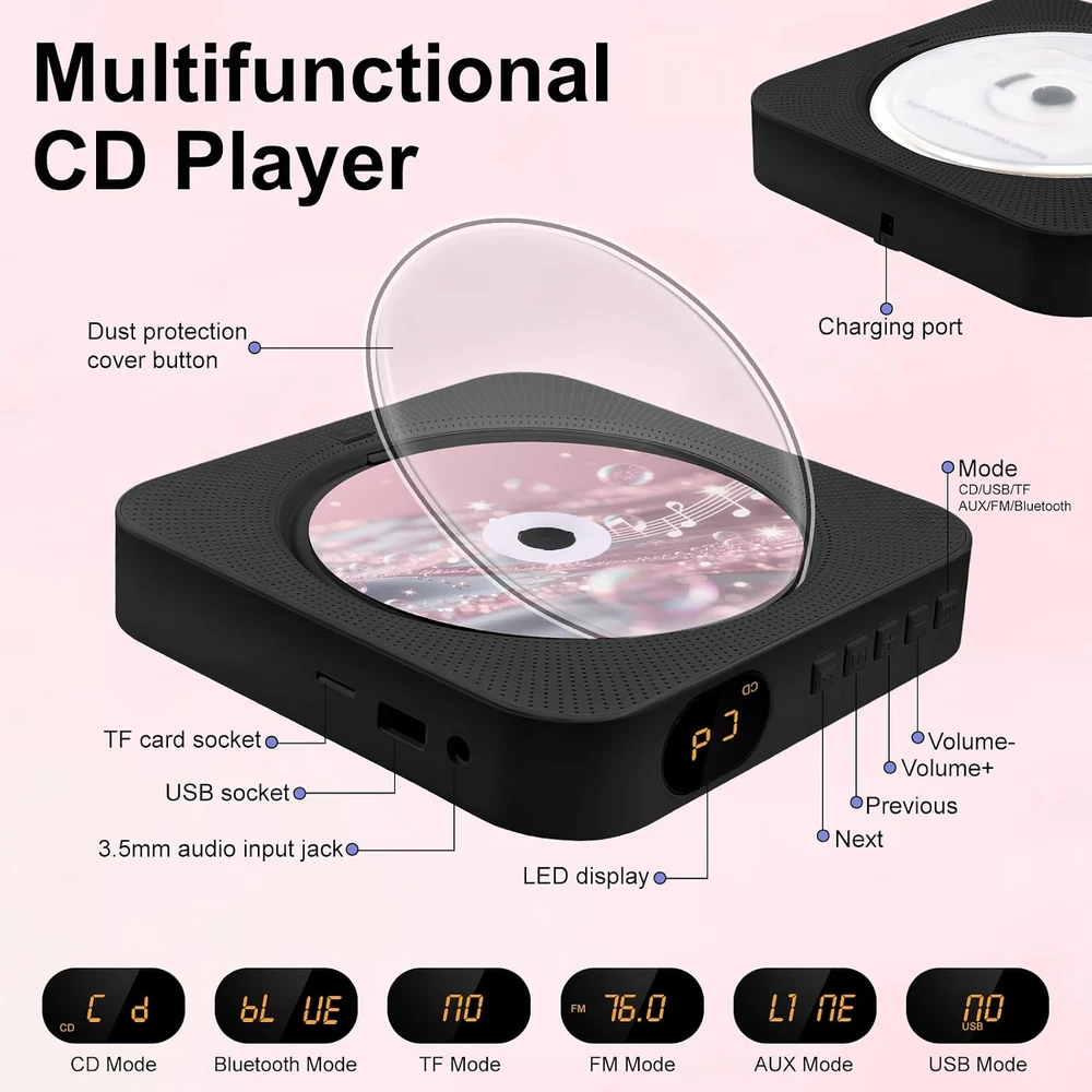 Canareen nešiojamas CD grotuvas su Bluetooth 5.1, FM radiju ir USB, modelis 909
