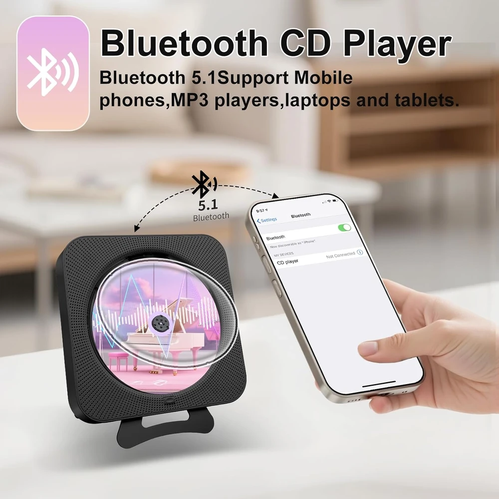 Canareen nešiojamas CD grotuvas su Bluetooth 5.1, FM radiju ir USB, modelis 909