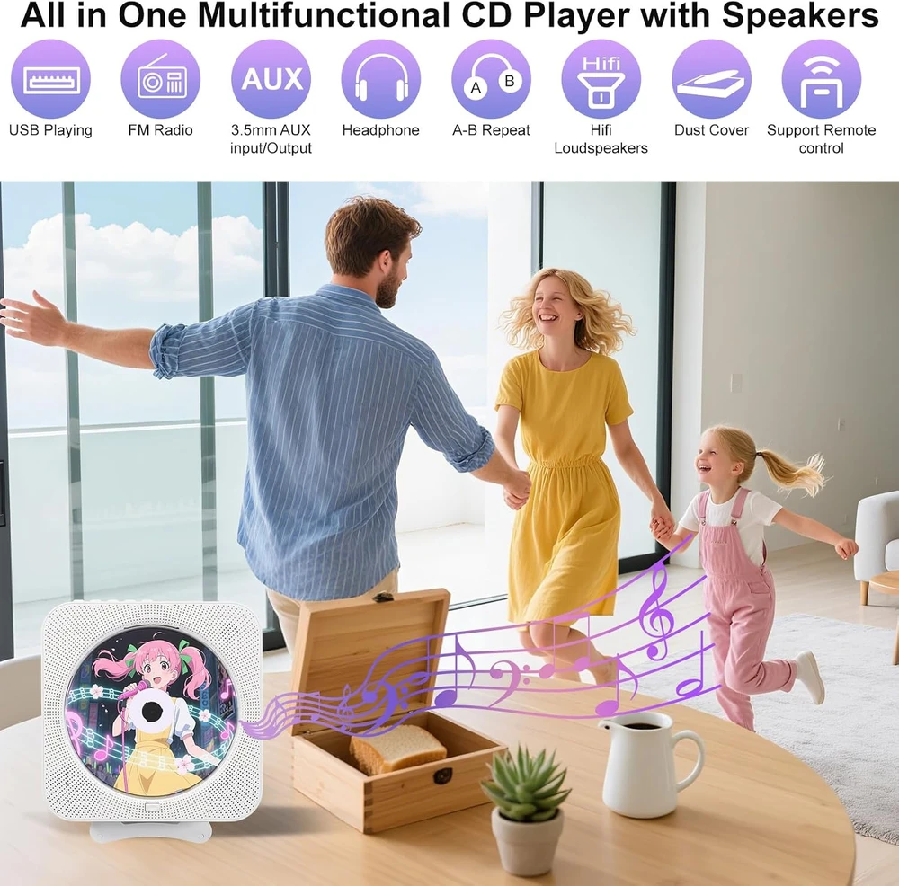 Canareen nešiojamas CD grotuvas su Bluetooth 5.1, FM radiju ir sieniniu tvirtinimu W09