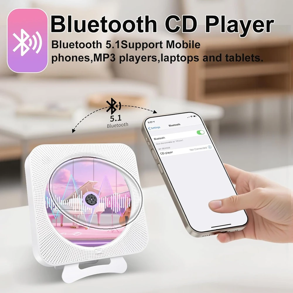 Canareen nešiojamas CD grotuvas su Bluetooth 5.1, FM radiju ir sieniniu tvirtinimu W09