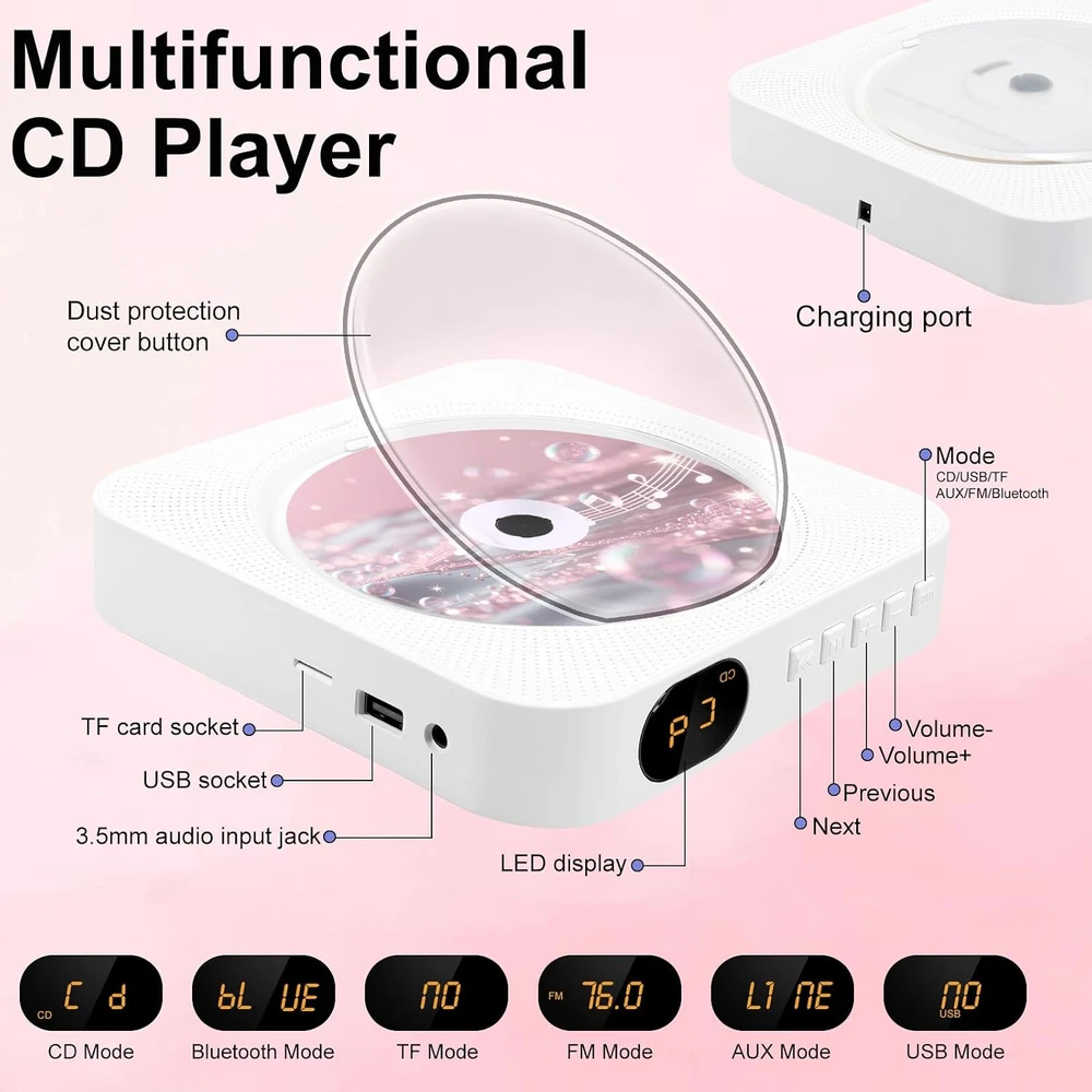 Canareen nešiojamas CD grotuvas su Bluetooth 5.1, FM radiju ir sieniniu tvirtinimu W09