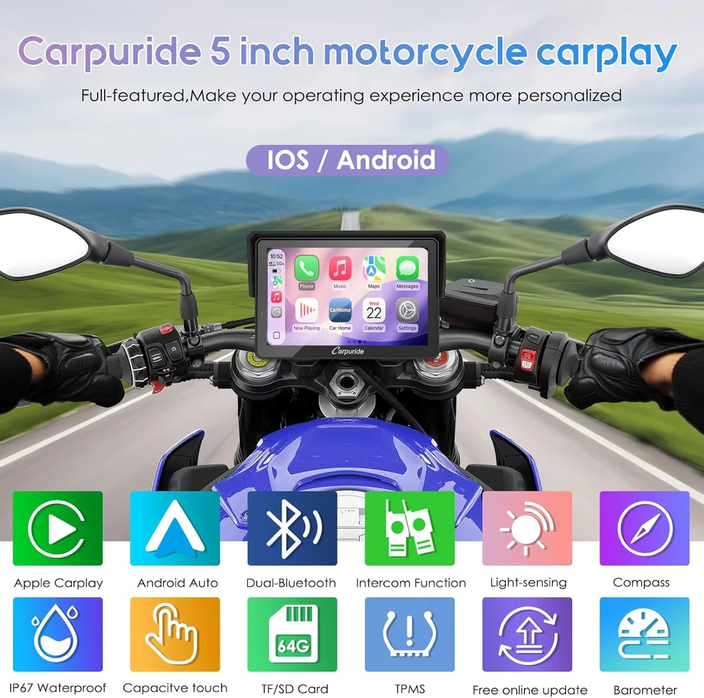Carpuride 5 colių GPS motociklo ekranas su CarPlay, Android Auto, TPMS, dviem Bluetooth, W502TPRO