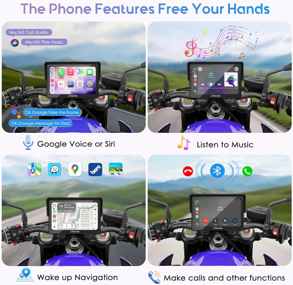 Carpuride 5 colių GPS motociklo ekranas su CarPlay, Android Auto, TPMS, dviem Bluetooth, W502TPRO