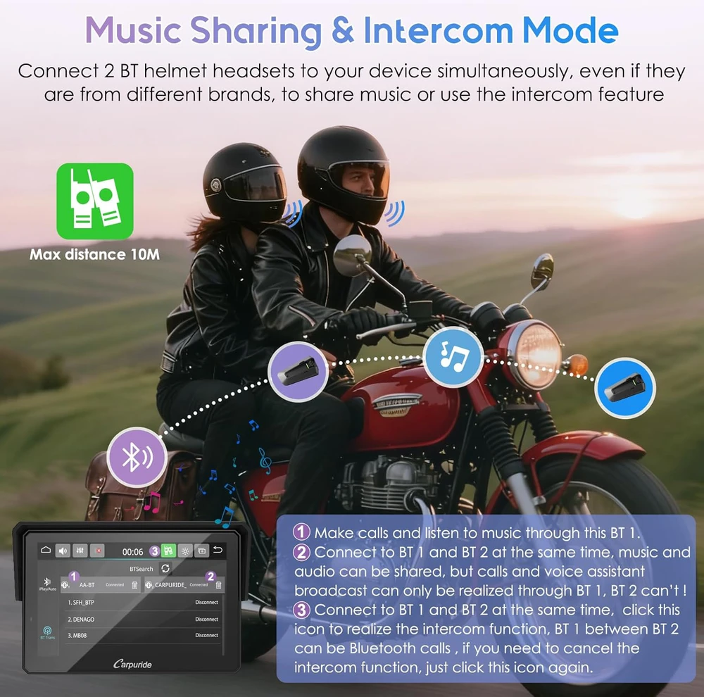 Carpuride 5 colių GPS motociklo ekranas su CarPlay, Android Auto, TPMS, dviem Bluetooth, W502TPRO