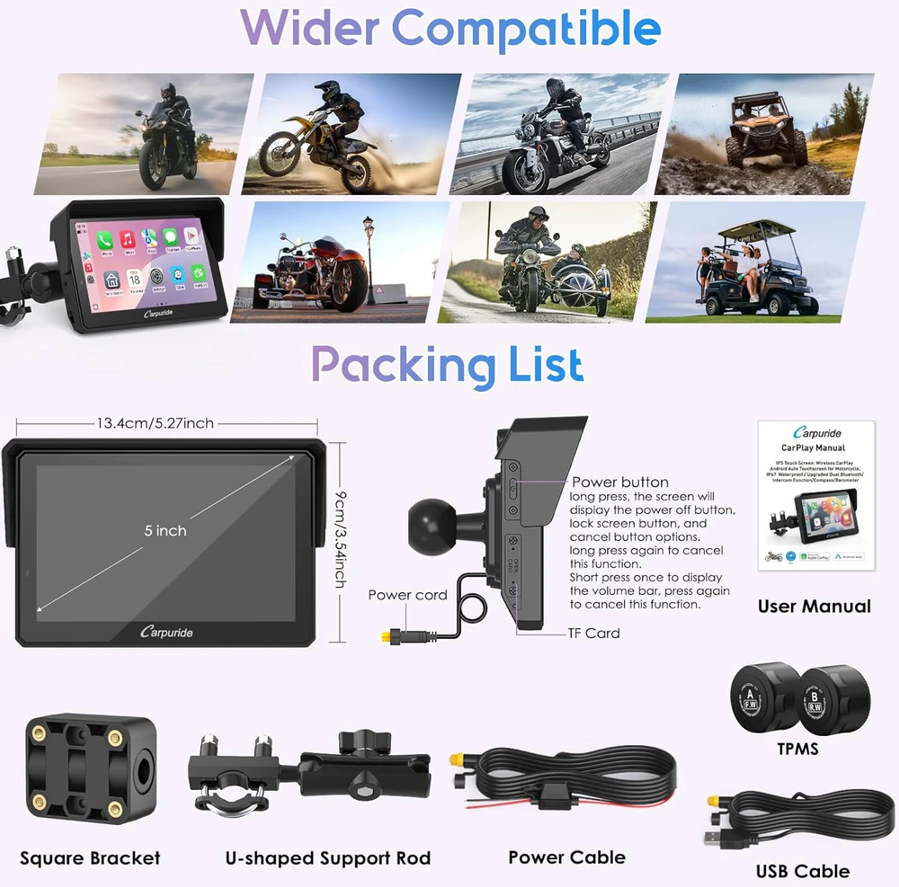 Carpuride 5 colių GPS motociklo ekranas su CarPlay, Android Auto, TPMS, dviem Bluetooth, W502TPRO