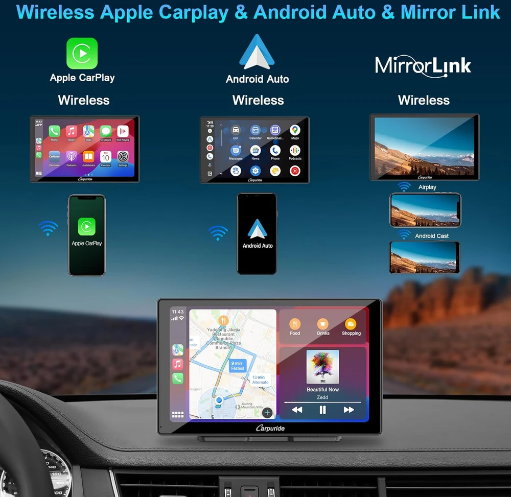 Carpuride automobilinis multimedijos grotuvas su 9 colių HD jutikliniu ekranu, CarPlay, Android Auto ir 4K priekinė bei galinė kamera, W905