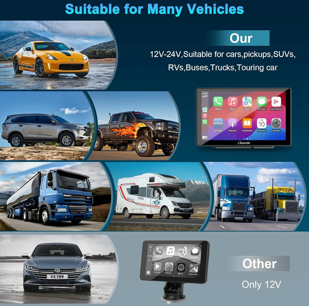 Carpuride automobilinis multimedijos grotuvas su 9 colių HD jutikliniu ekranu, CarPlay, Android Auto ir 4K priekinė bei galinė kamera, W905