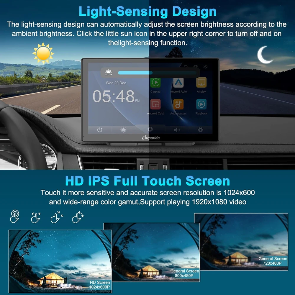 Carpuride automobilinis multimedijos grotuvas su 9 colių HD jutikliniu ekranu, CarPlay, Android Auto ir 4K priekinė bei galinė kamera, W905