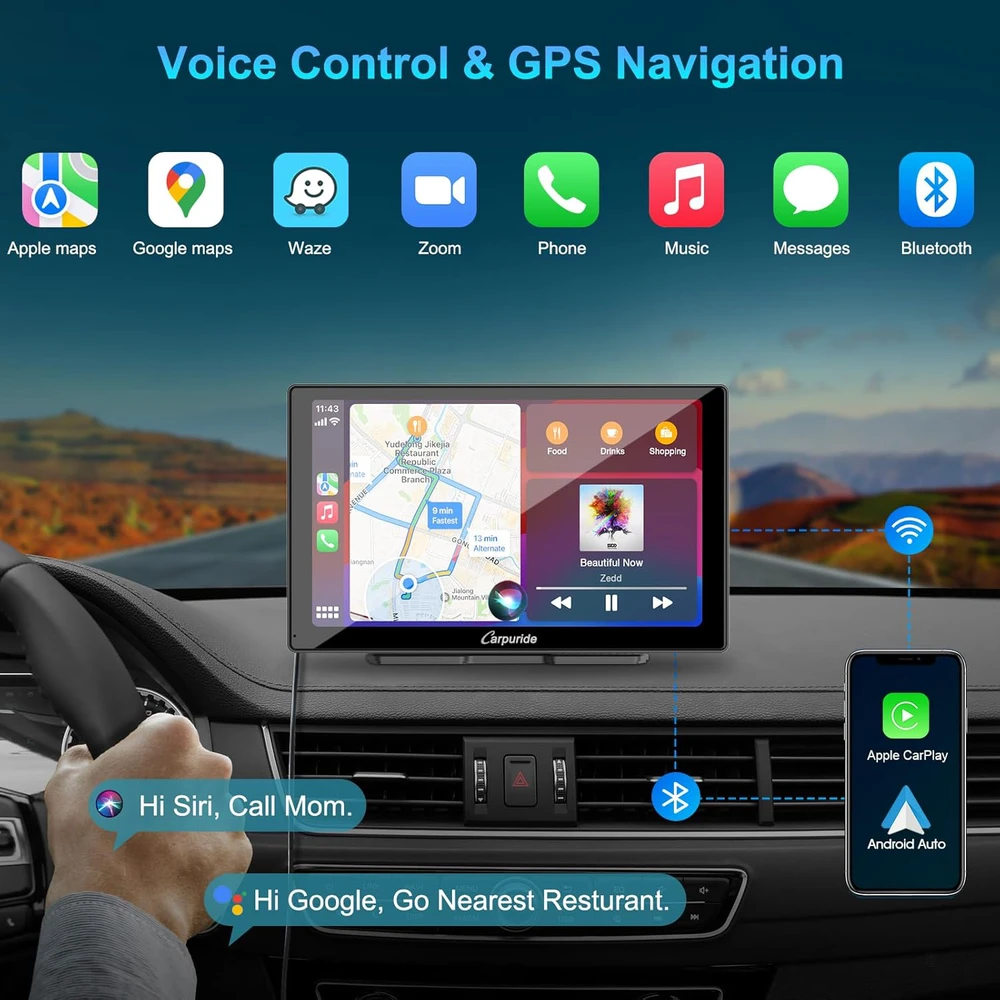 Carpuride automobilinis multimedijos grotuvas su 9 colių HD jutikliniu ekranu, CarPlay, Android Auto ir 4K priekinė bei galinė kamera, W905