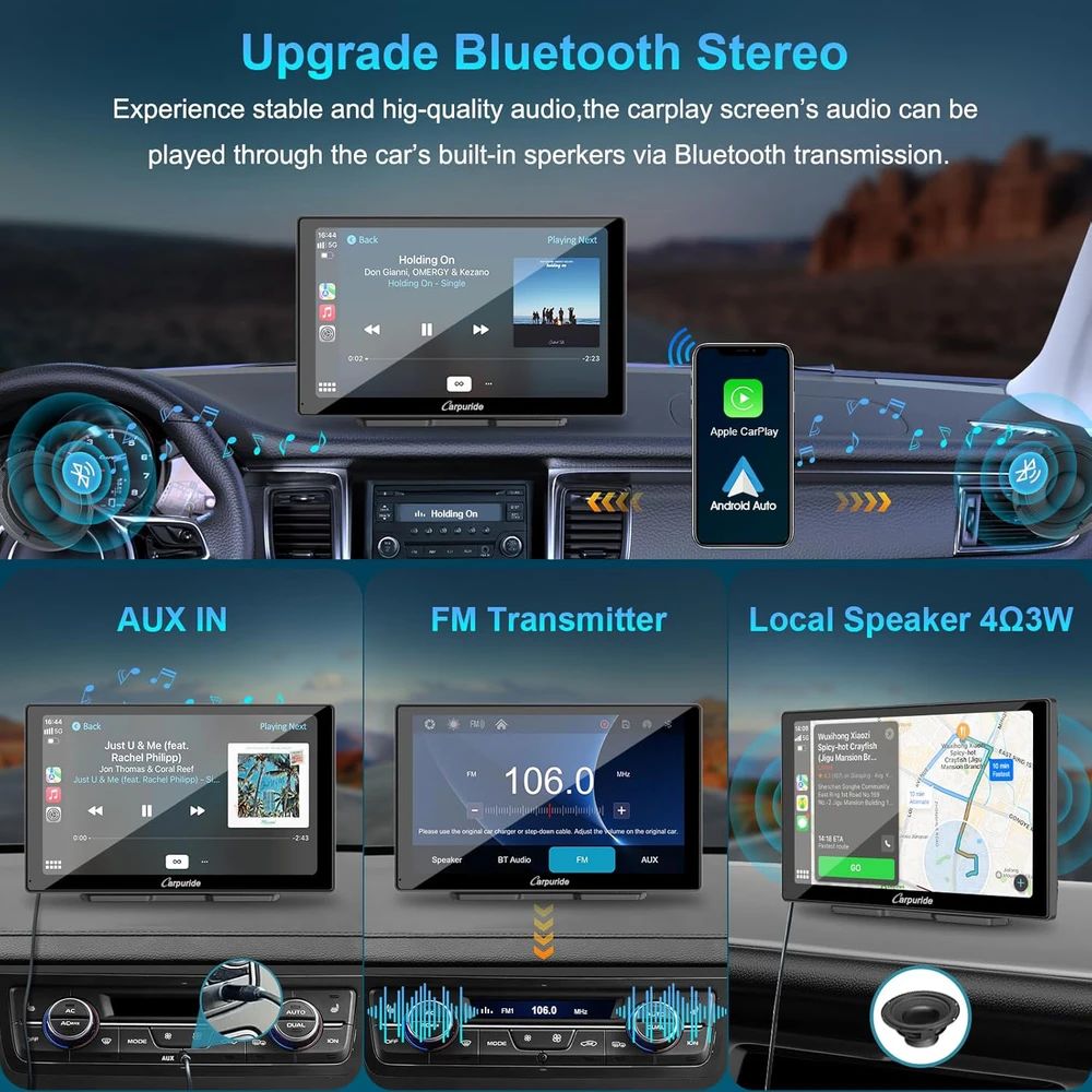 Carpuride automobilinis multimedijos grotuvas su 9 colių HD jutikliniu ekranu, CarPlay, Android Auto ir 4K priekinė bei galinė kamera, W905