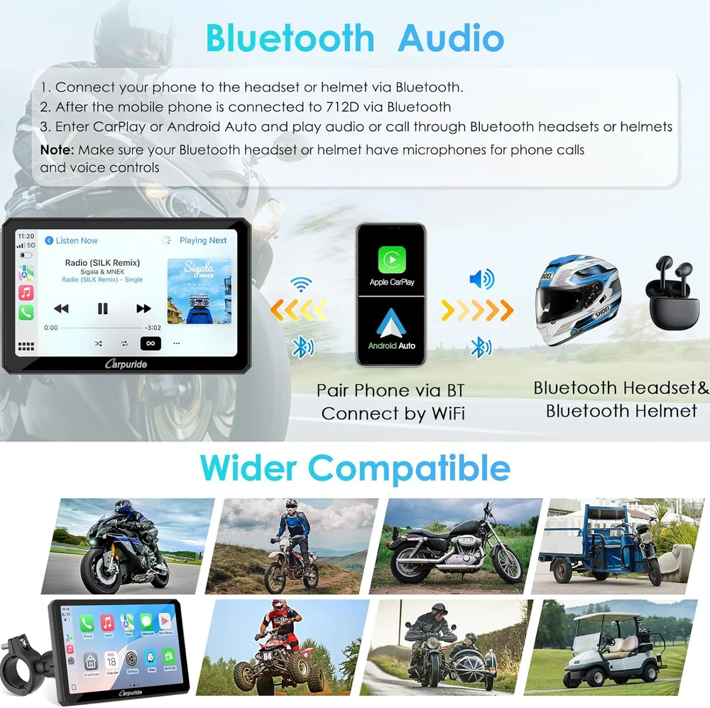 Carpuride motociklininkų ekranas su 7 colių HD jutikliniu ekranu, CarPlay, Android Auto, 1080P priekinė ir galinė kamera, Bluetooth, IP67, W712D