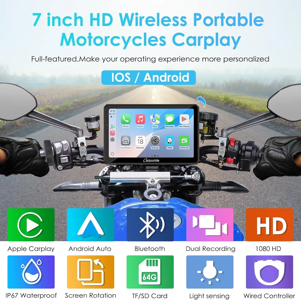 Carpuride motociklininkų ekranas su 7 colių HD jutikliniu ekranu, CarPlay, Android Auto, 1080P priekinė ir galinė kamera, Bluetooth, IP67, W712D