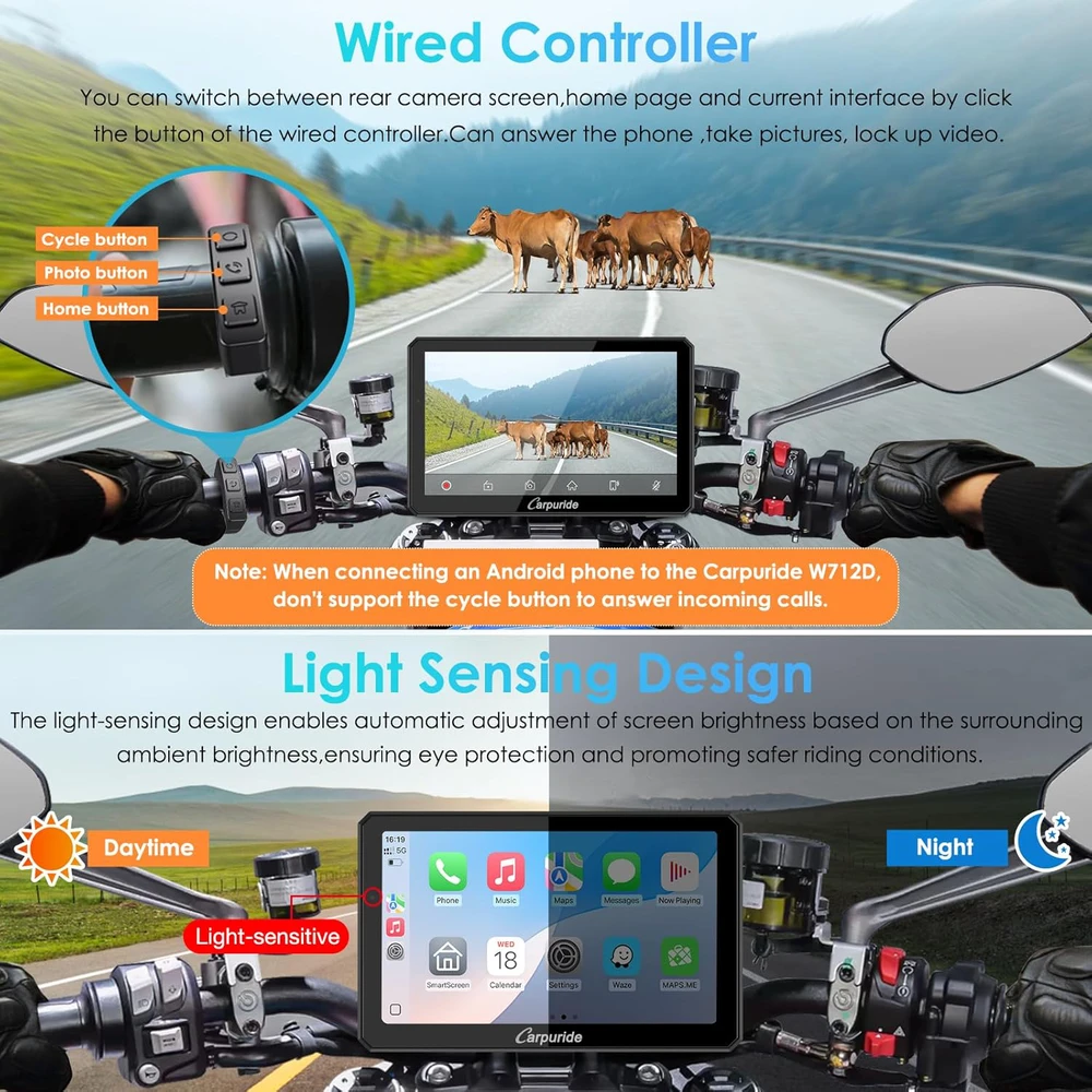 Carpuride motociklininkų ekranas su 7 colių HD jutikliniu ekranu, CarPlay, Android Auto, 1080P priekinė ir galinė kamera, Bluetooth, IP67, W712D