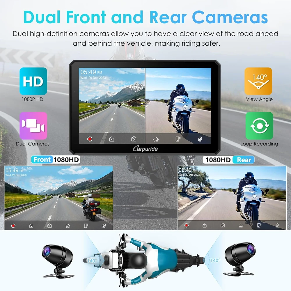 Carpuride motociklininkų ekranas su 7 colių HD jutikliniu ekranu, CarPlay, Android Auto, 1080P priekinė ir galinė kamera, Bluetooth, IP67, W712D