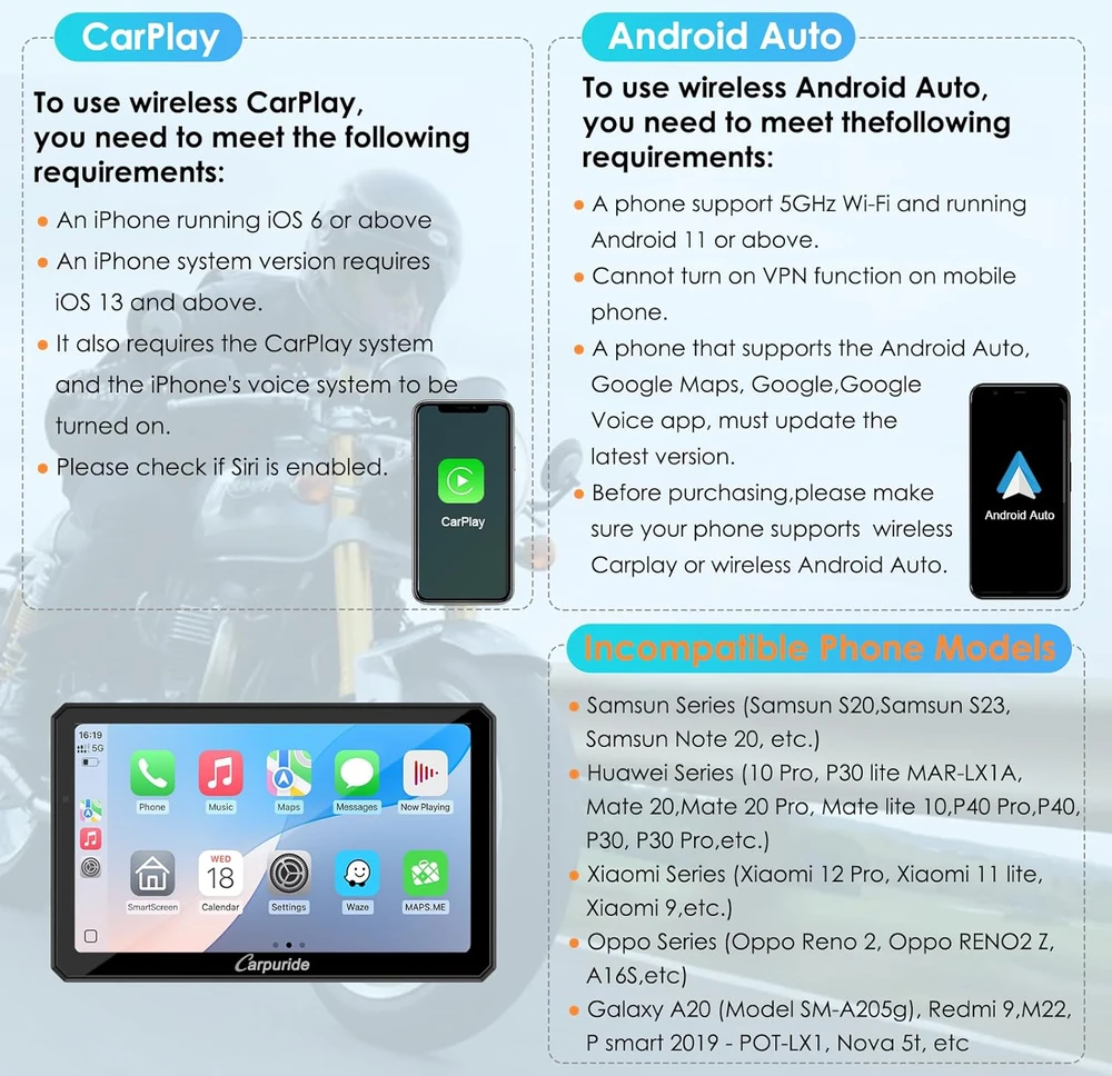 Carpuride motociklininkų ekranas su 7 colių HD jutikliniu ekranu, CarPlay, Android Auto, 1080P priekinė ir galinė kamera, Bluetooth, IP67, W712D