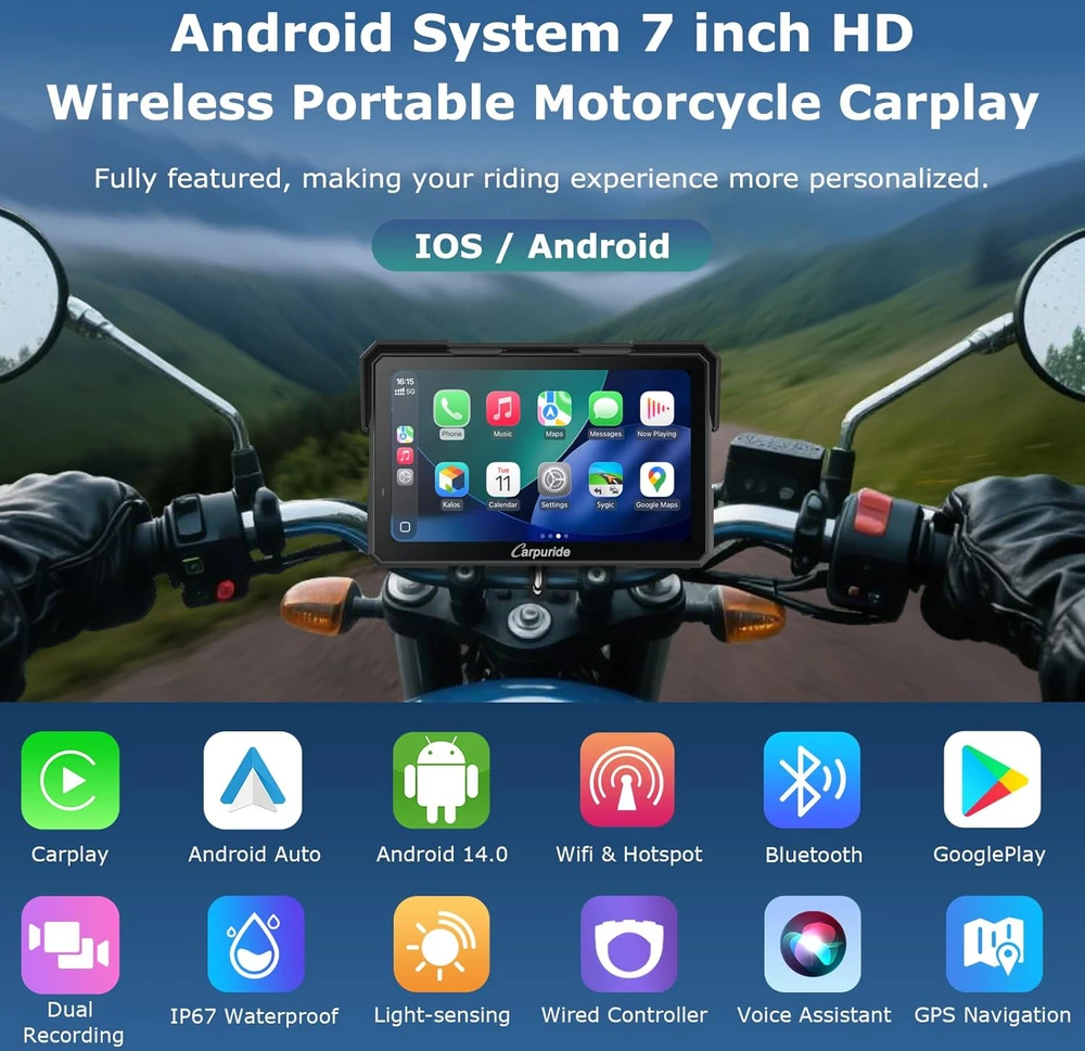 Carpuride motociklo CarPlay ekranas su 1080P priekine ir galine kamera, 7 colių liečiamas ekranas, Bluetooth, Android Auto, W702 Plus