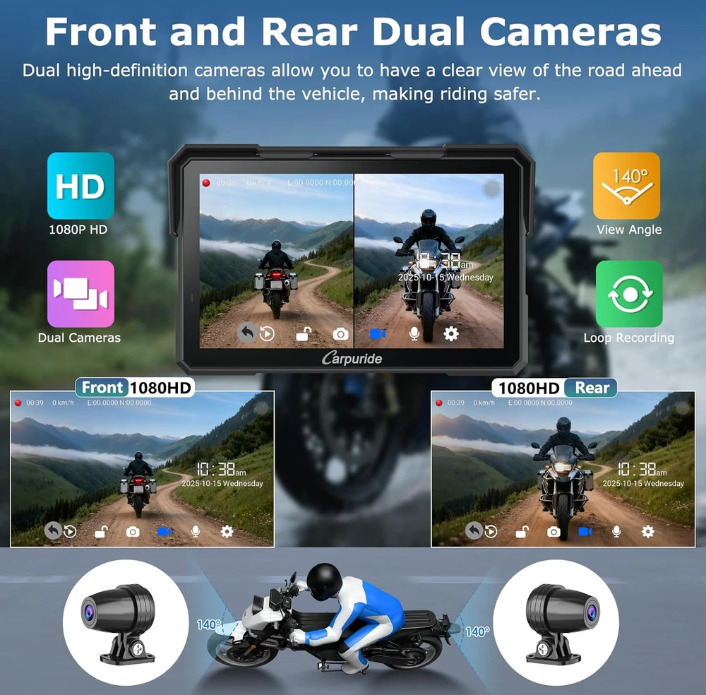 Carpuride motociklo CarPlay ekranas su 1080P priekine ir galine kamera, 7 colių liečiamas ekranas, Bluetooth, Android Auto, W702 Plus