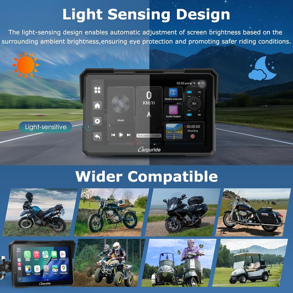 Carpuride motociklo CarPlay ekranas su 1080P priekine ir galine kamera, 7 colių liečiamas ekranas, Bluetooth, Android Auto, W702 Plus