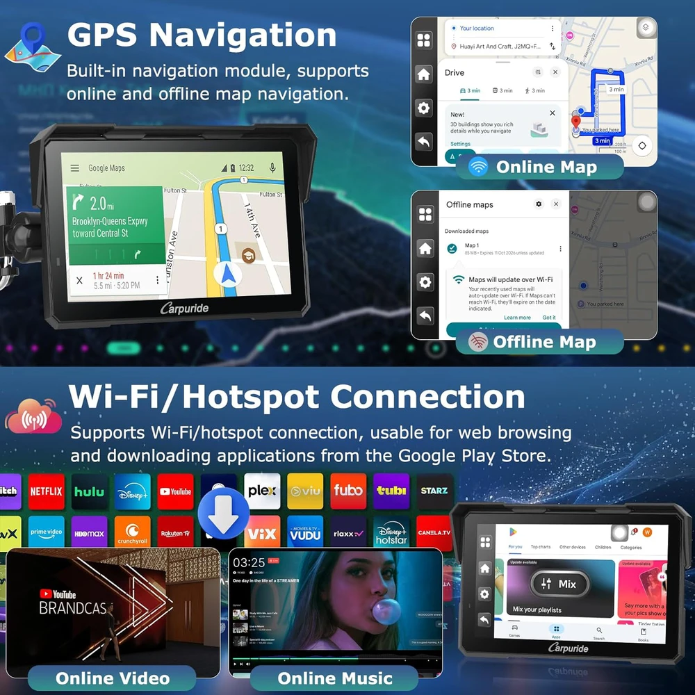 Carpuride motociklo CarPlay ekranas su 1080P priekine ir galine kamera, 7 colių liečiamas ekranas, Bluetooth, Android Auto, W702 Plus