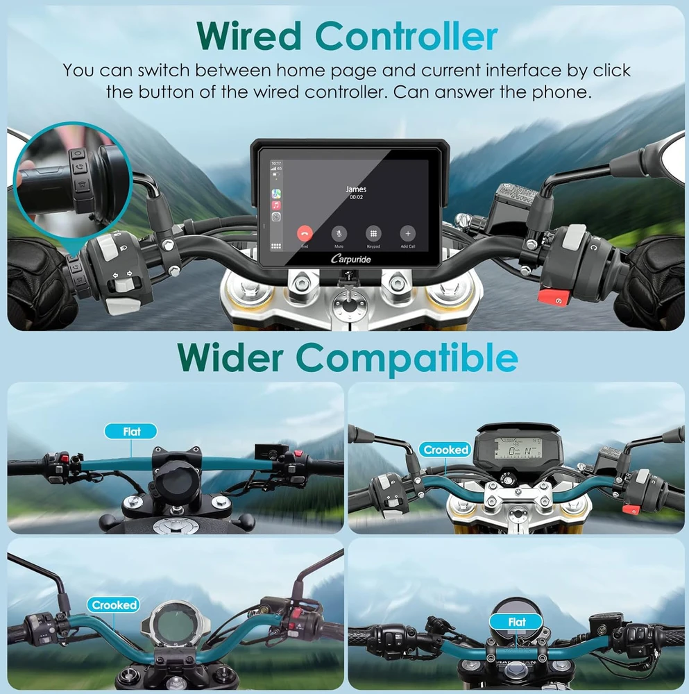 Carpuride motociklo GPS navigacija su 5 colių lietimui jautriu ekranu, belaidžiu CarPlay ir Android Auto, Bluetooth, IP67, W502S PRO