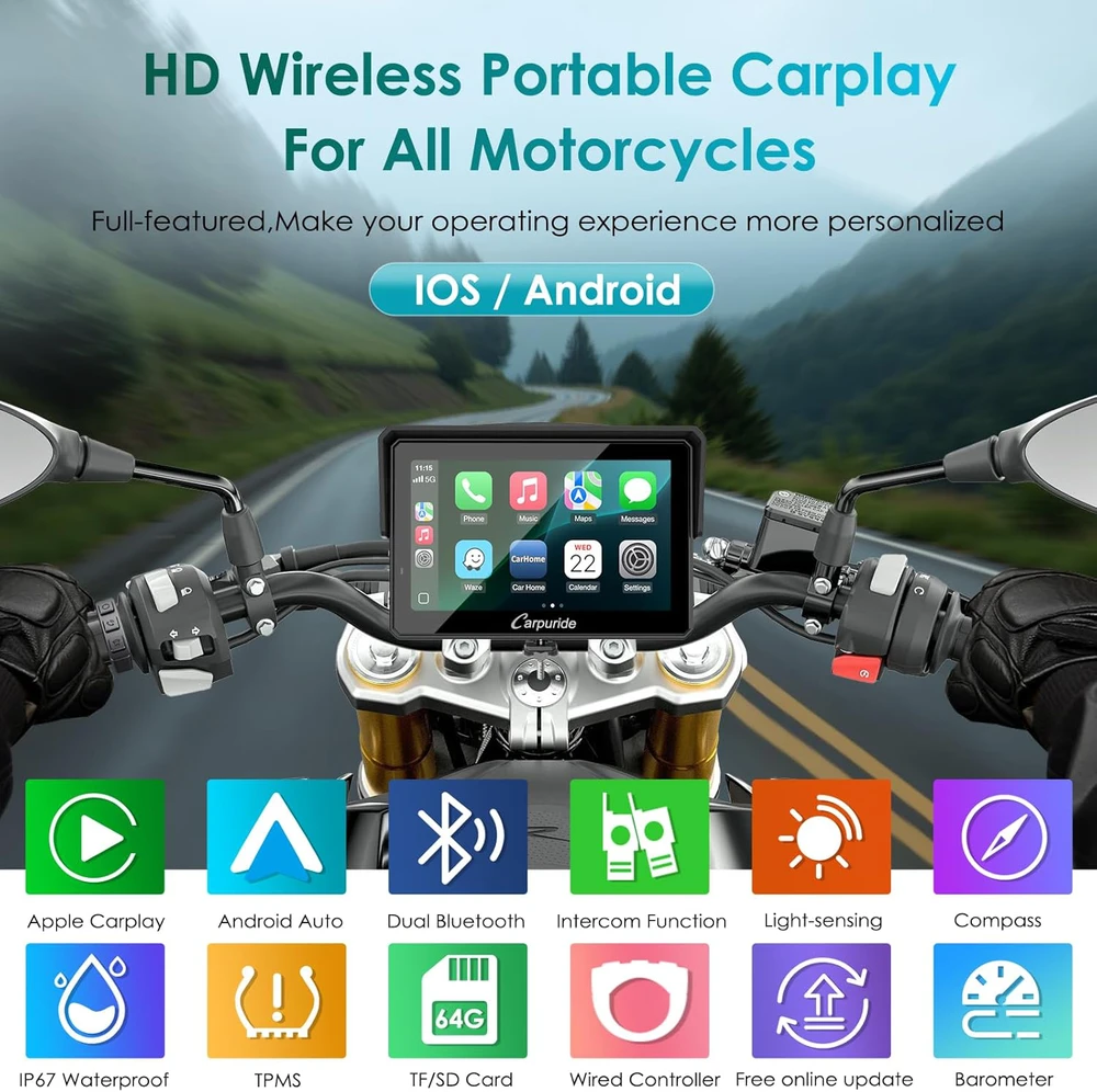 Carpuride motociklo GPS navigacija su 5 colių lietimui jautriu ekranu, belaidžiu CarPlay ir Android Auto, Bluetooth, IP67, W502S PRO