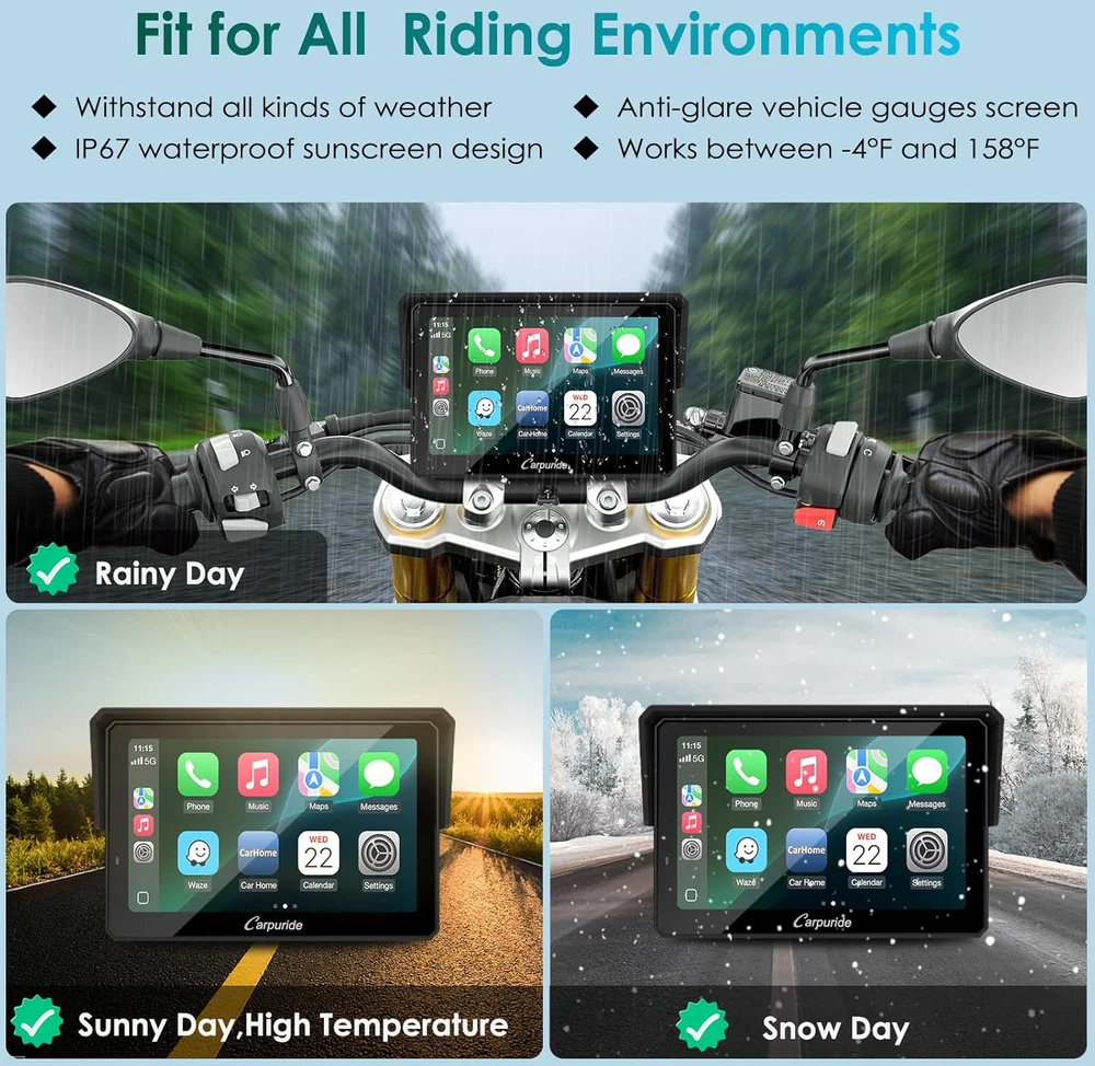 Carpuride motociklo GPS navigacija su 5 colių lietimui jautriu ekranu, belaidžiu CarPlay ir Android Auto, Bluetooth, IP67, W502S PRO