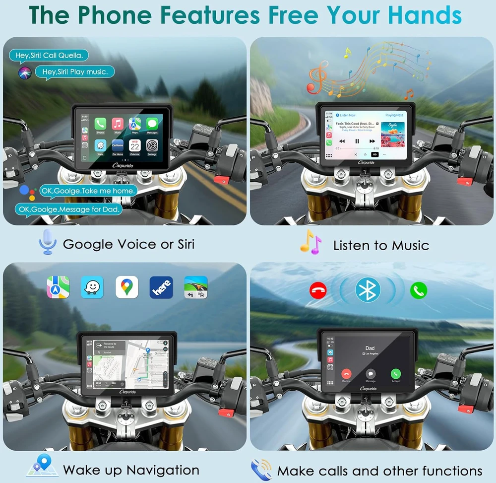 Carpuride motociklo GPS navigacija su 5 colių lietimui jautriu ekranu, belaidžiu CarPlay ir Android Auto, Bluetooth, IP67, W502S PRO