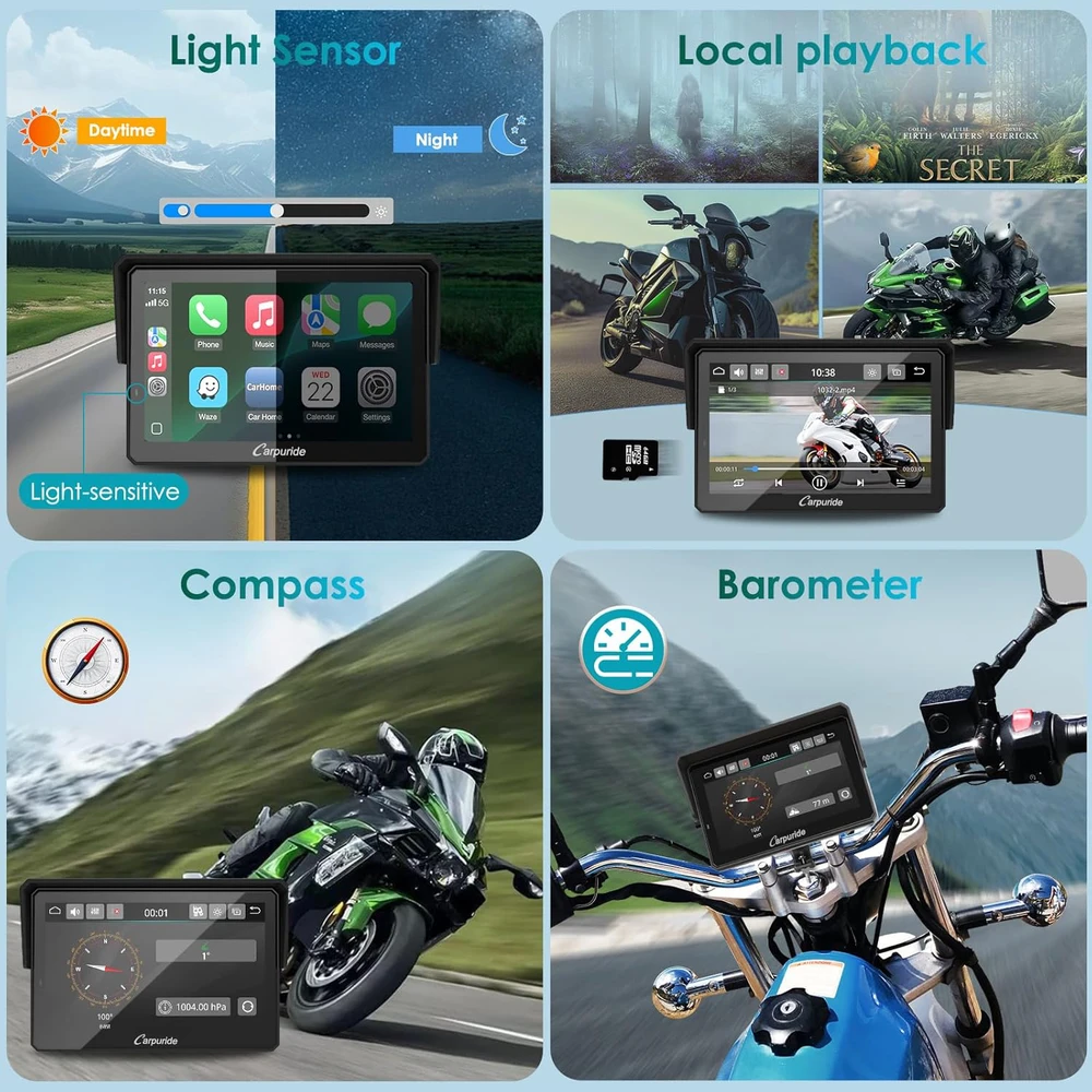 Carpuride motociklo GPS navigacija su 5 colių lietimui jautriu ekranu, belaidžiu CarPlay ir Android Auto, Bluetooth, IP67, W502S PRO