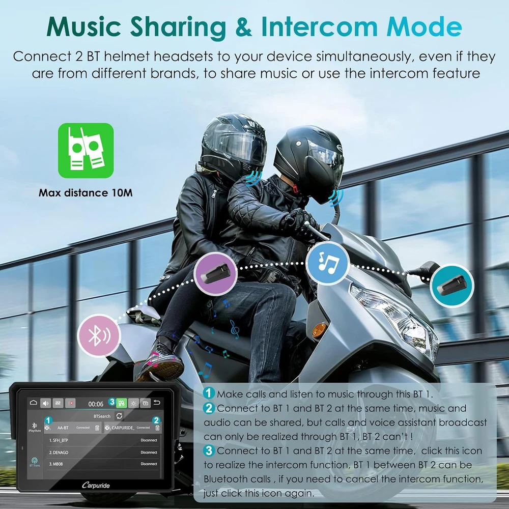 Carpuride motociklo GPS navigacija su 5 colių lietimui jautriu ekranu, belaidžiu CarPlay ir Android Auto, Bluetooth, IP67, W502S PRO