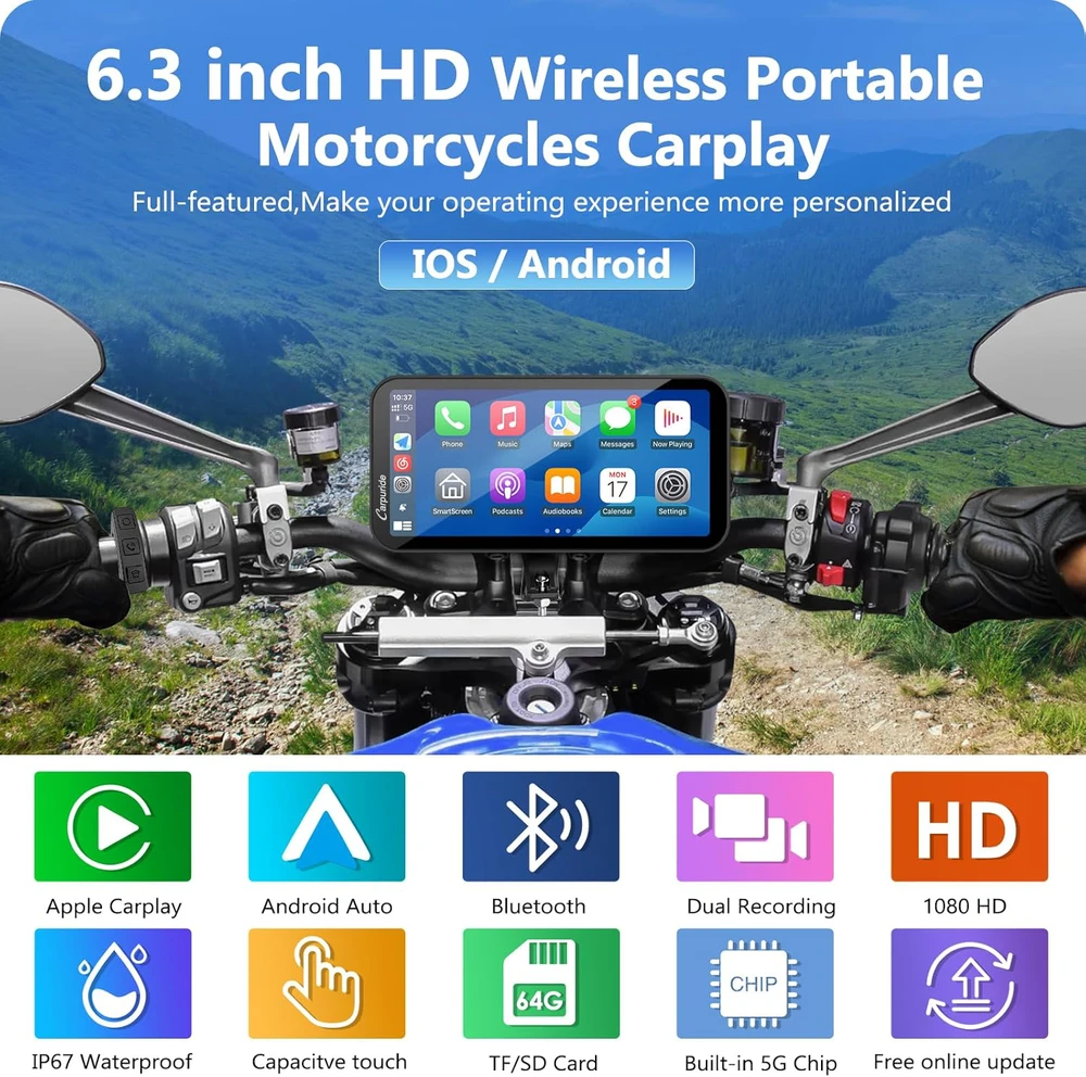 Carpuride motociklo GPS navigatorius su 6,3 colių lietimui jautriu ekranu, belaidžiu CarPlay ir Android Auto, 1080P priekine bei galine kamera, modelis W603D