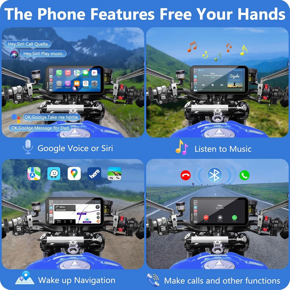 Carpuride motociklo GPS navigatorius su 6,3 colių lietimui jautriu ekranu, belaidžiu CarPlay ir Android Auto, 1080P priekine bei galine kamera, modelis W603D